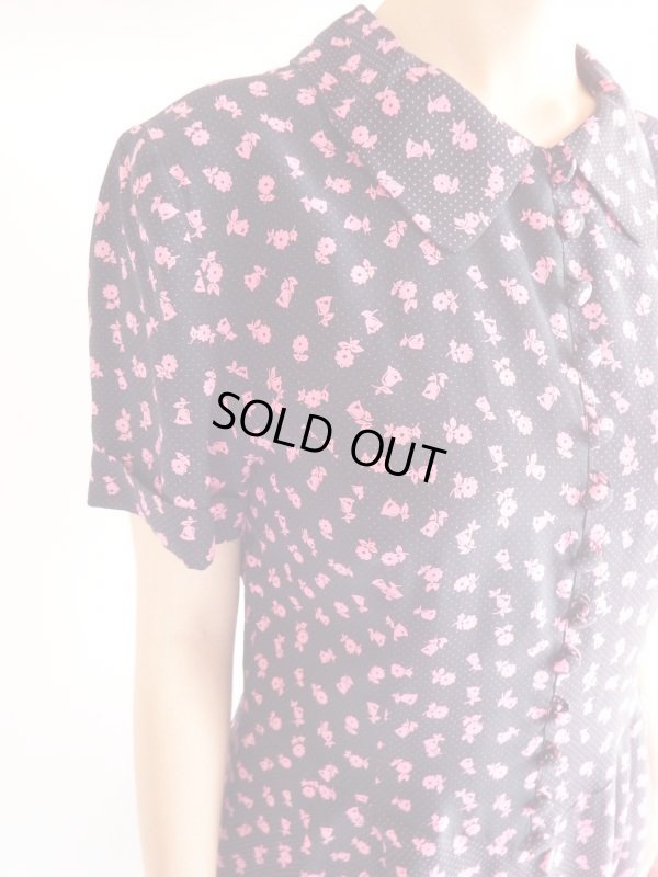 画像6: ★Italy製*紺地にドットと花柄のシルクワンピ