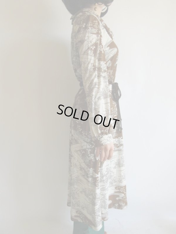 画像4: 未使用*和柄のブラウン系ワンピ*紐ベルト付【送料無料】