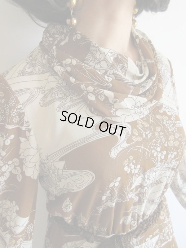 画像7: 未使用*和柄のブラウン系ワンピ*紐ベルト付【送料無料】