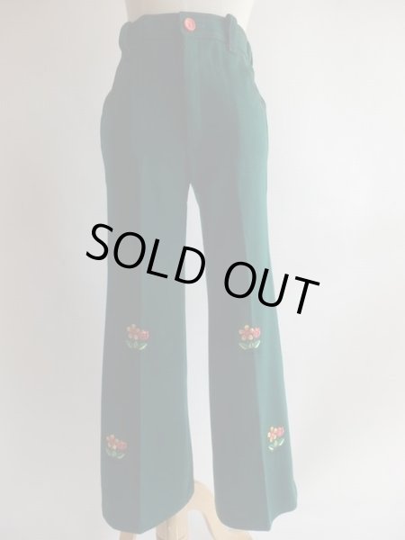 画像3: グリーン色お花刺繍入りレトロパンツ (3)