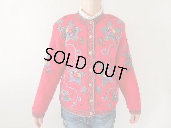 画像2: レトロモチーフのステッチニットカーディガン (2)