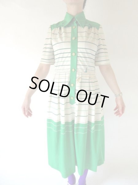 画像3: レトログリーンのボーダーワンピース (3)