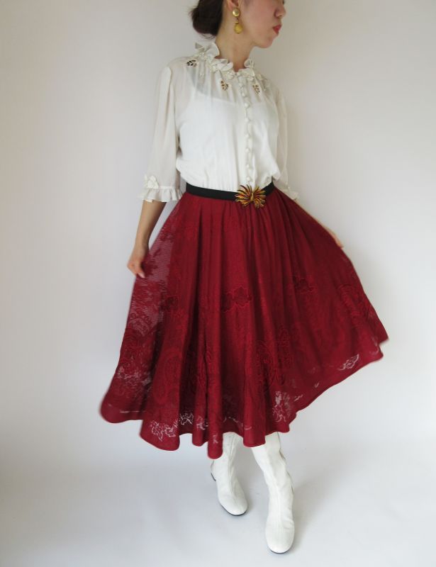 白ブラウス レーススカートの切り替えワンピース 乙女スタイル